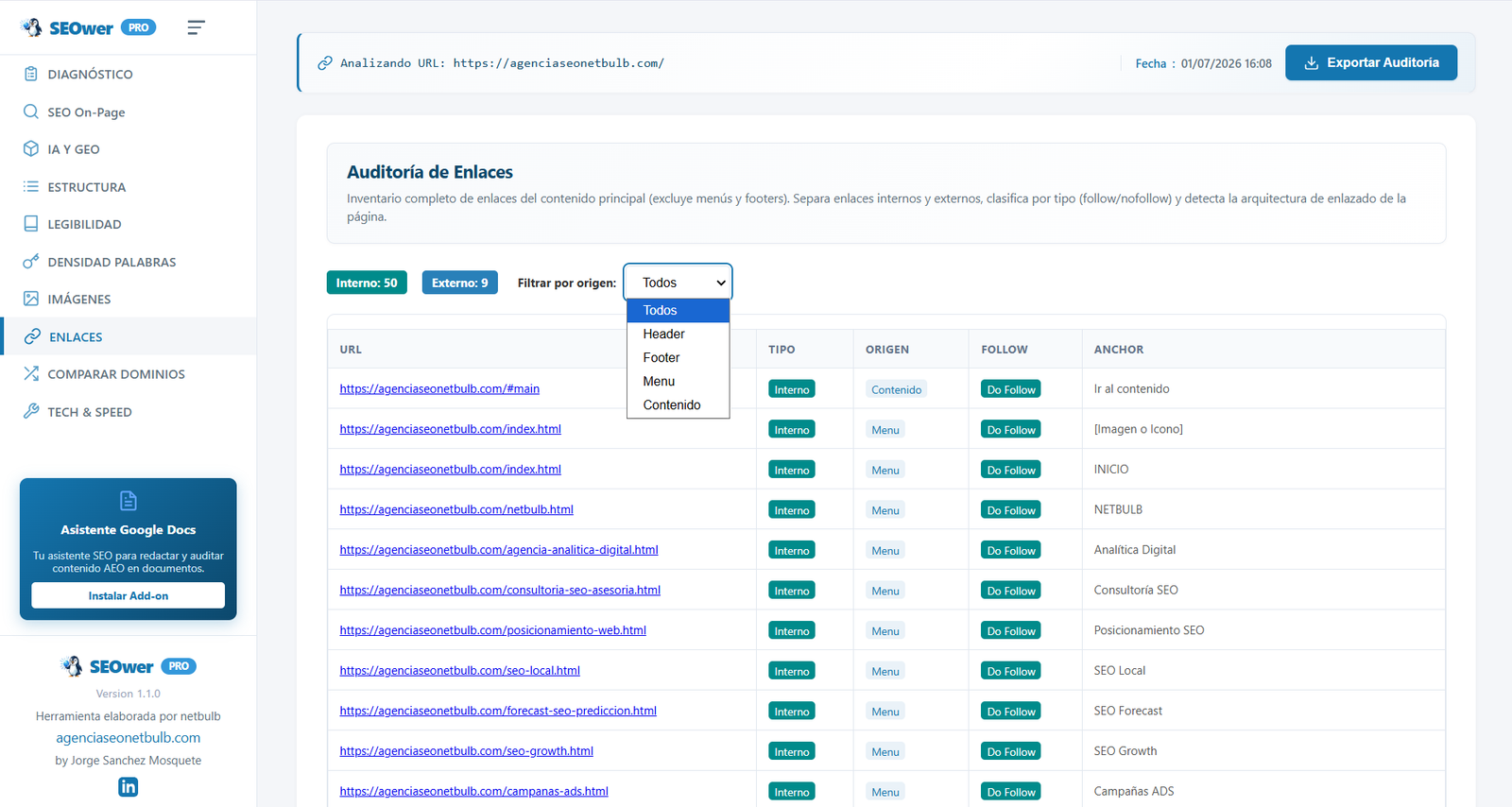 Enlaces - Auditor�a con clasificaci�n por tipo, origen y follow/nofollow