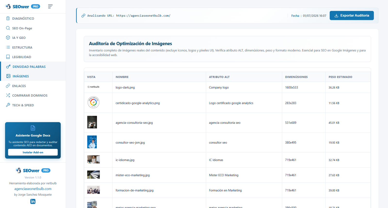 Im�genes - Tabla de auditor�a con ALT, dimensiones, peso estimado y formato