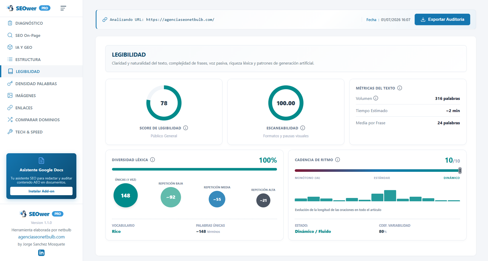 Legibilidad - Score, palabras, frases y an�lisis Anti-IA